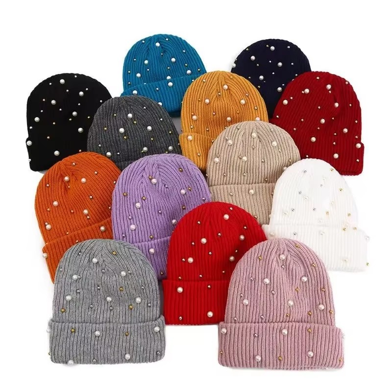 Beanie Cuffed Knit - Women's Winter Faux Pearl Embellished Knit