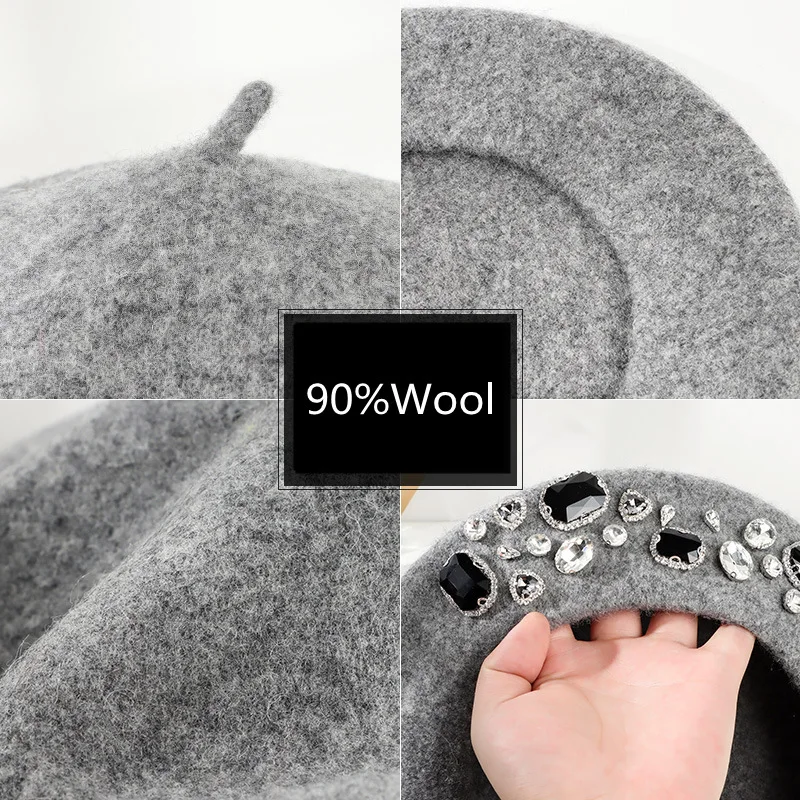 French Beret Thick Rhinestone  - Beret French Wool ulasan dan harga