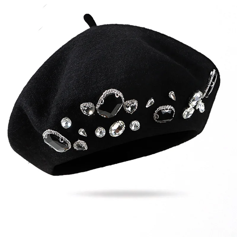 French Beret Thick Rhinestone  - Beret French Wool ulasan dan harga