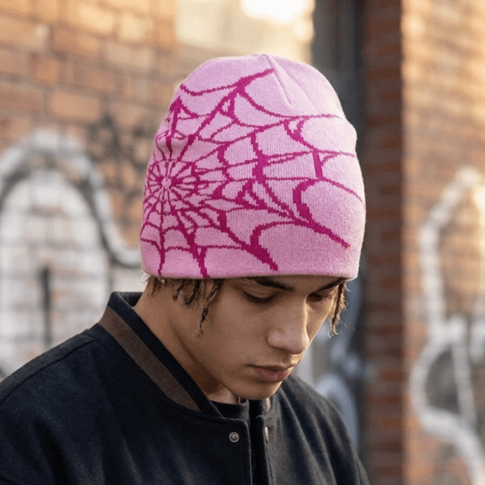 Y2K Soft Spider Web Pattern Be - Beanie Cuffed Knit ulasan dan harga