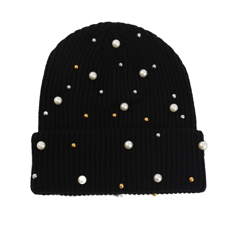 Women's Winter Faux Pearl Embe - Beanie Cuffed Knit ulasan dan harga