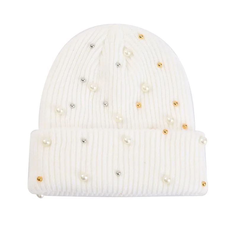 Women's Winter Faux Pearl Embe - Beanie Cuffed Knit ulasan dan harga